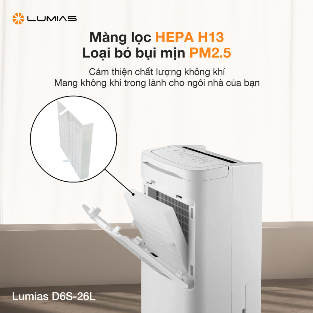 D6S-26L sở hữu màng lọc HEPA H13 loại bỏ bụi mịn hiệu quả