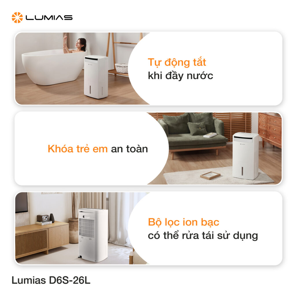Máy hút ẩm 26L Lumias D6S-26L được trang bị 2 tùy chọn xử lý nước tiện lợi